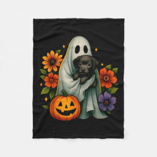Floral Ghost Black Dog Coquette Funny Halloween Fleece Blanket