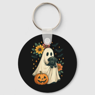Floral Ghost Black Dog Coquette Funny Halloween Keychain
