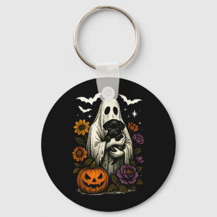Floral Ghost Black Dog Coquette Funny Halloween Keychain