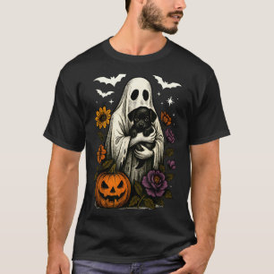 Floral Ghost Black Dog Coquette Funny Halloween T-Shirt