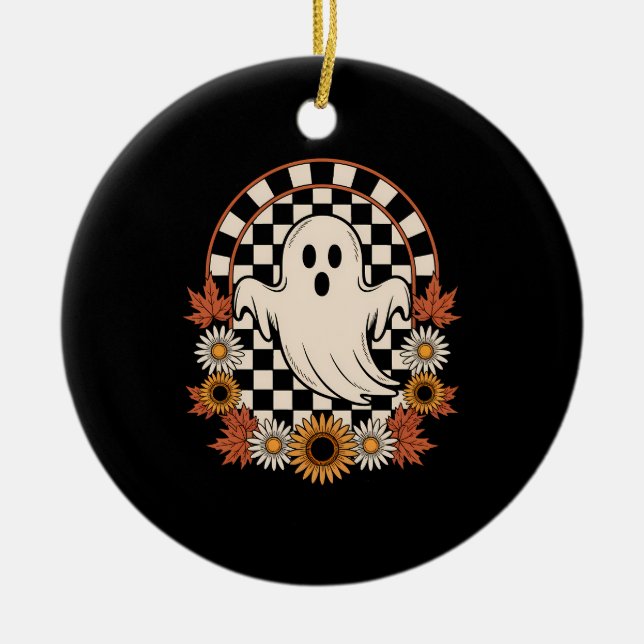 Floral Ghost Fall Boho Halloween Ceramic Ornament (Front)