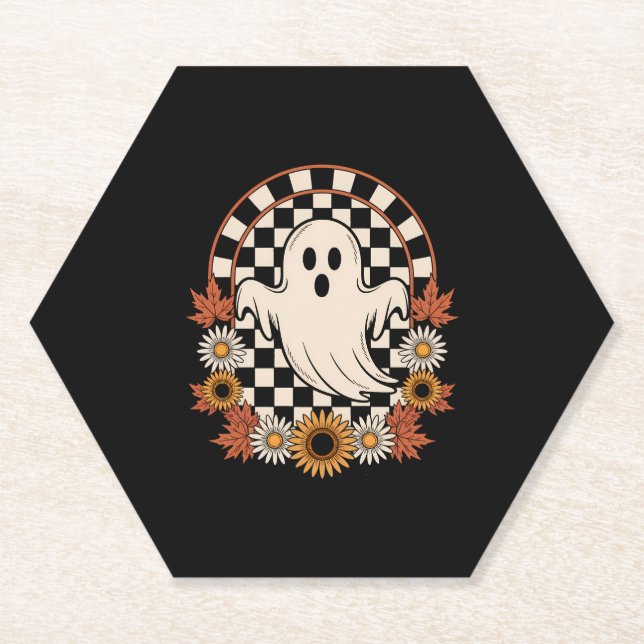 Floral Ghost Fall Boho Halloween Paper Coaster (Front)