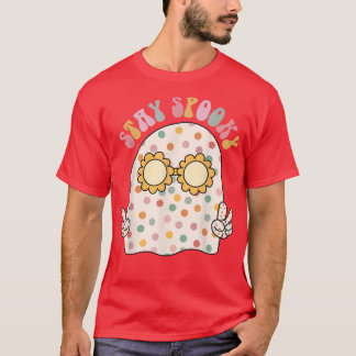 Floral Ghost Halloeen Retro Groovy Stay Spooky Fun T-Shirt