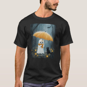 Floral Ghost Holds Umbrella Black Cat Season Women T-Shirt