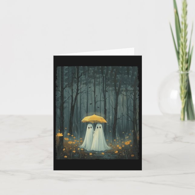 Floral Ghost Holds Umbrella Couple Spooky Season W Card (Front)
