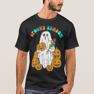 Floral Ghost Pumpkins Spooky Season Groovy Hallowe T-Shirt