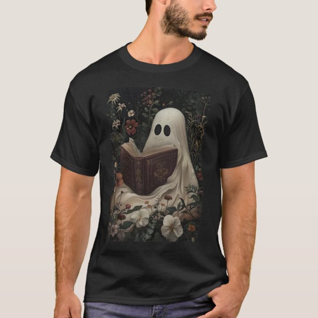 Floral Ghost Reading Book Halloween Costume Gothic T-Shirt (Front)