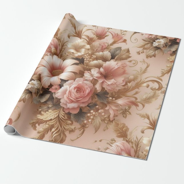 Floral Gift Wrapping Paper, Blush Pink Gold Blush Wrapping Paper (Unrolled)