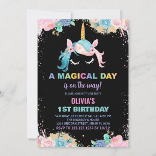 Floral Gillter Unicorn Birthday Invitations