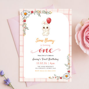 Floral Gingham Cute Rabbit Bunny Girl 1st Birthday Invitation