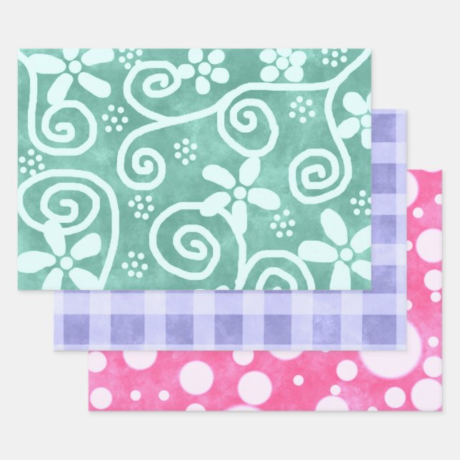 Floral Gingham Dots Multi-Colour Pattern Decoupage Wrapping Paper Sheet (Set)