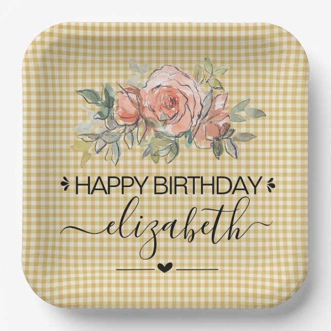 Floral Gingham Plaid Happy Birthday Paper Plates (Front)