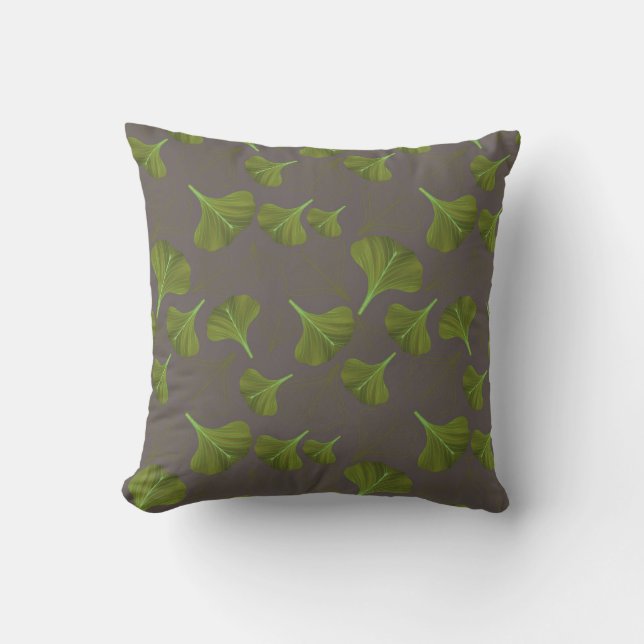 Floral Gingko Leaf Grey Pattern Throw Pillow (Front)