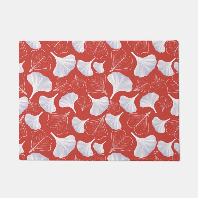 Floral Gingko Leaf Red Pattern Doormat (Front)