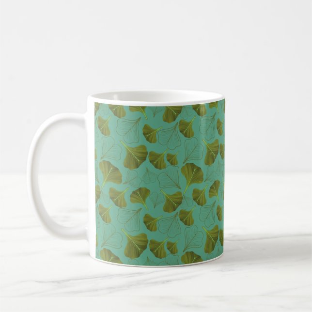 Floral Gingko Leaf Turquoise Pattern  Coffee Mug (Left)
