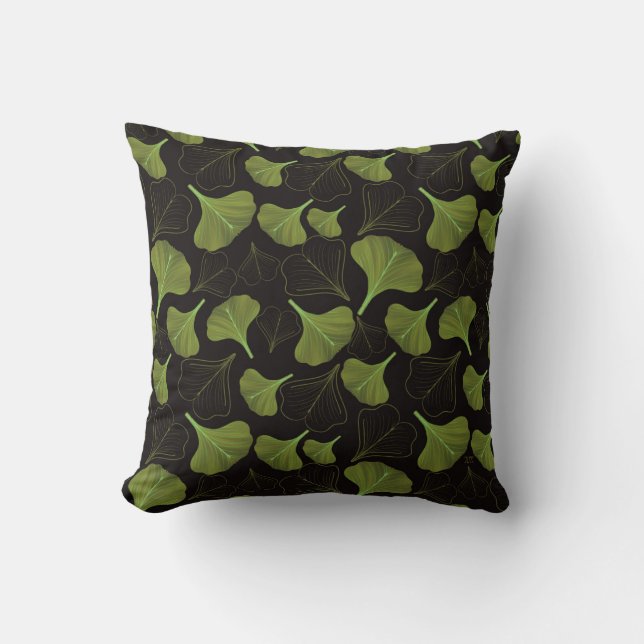 Floral Ginkgo Leaf Black Pattern Throw Pillow (Front)