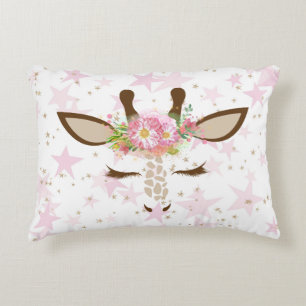 Floral Giraffe on Pink Stars Accent Pillow