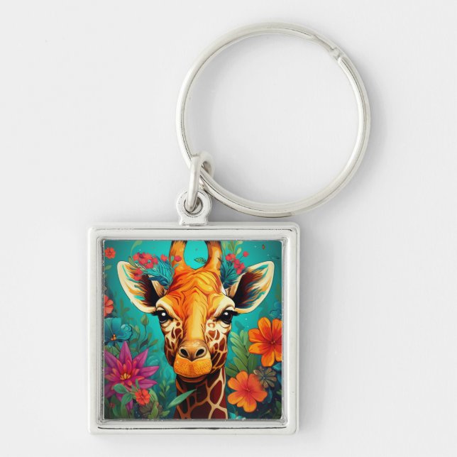 Floral Giraffe Portrait-9319 Keychain (Front)