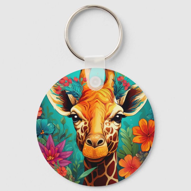 Floral Giraffe Portrait-9319 Keychain (Front)