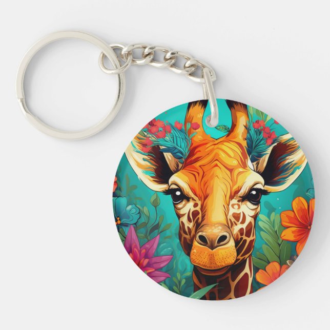 Floral Giraffe Portrait-9319 Keychain (Front)