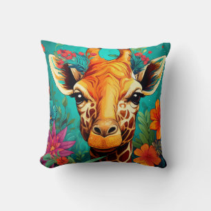 Floral Giraffe Portrait-9319 Throw Pillow