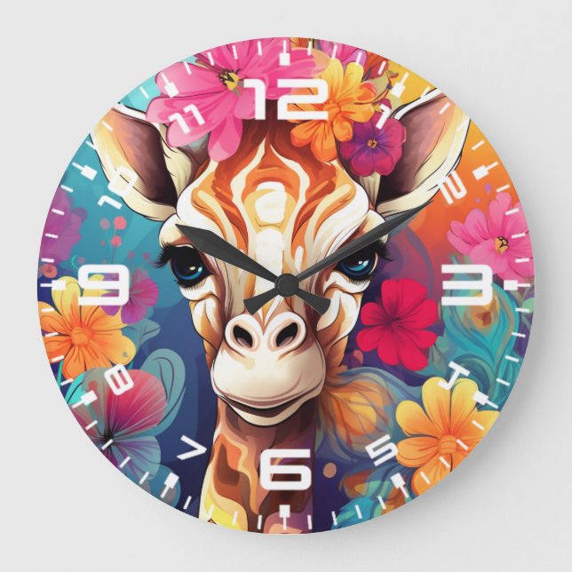 Floral Giraffe Portrait-9320 Large Clock (Front)