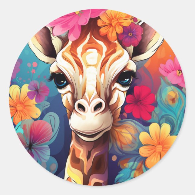 Floral Giraffe Portrait-9321 Classic Round Sticker (Front)