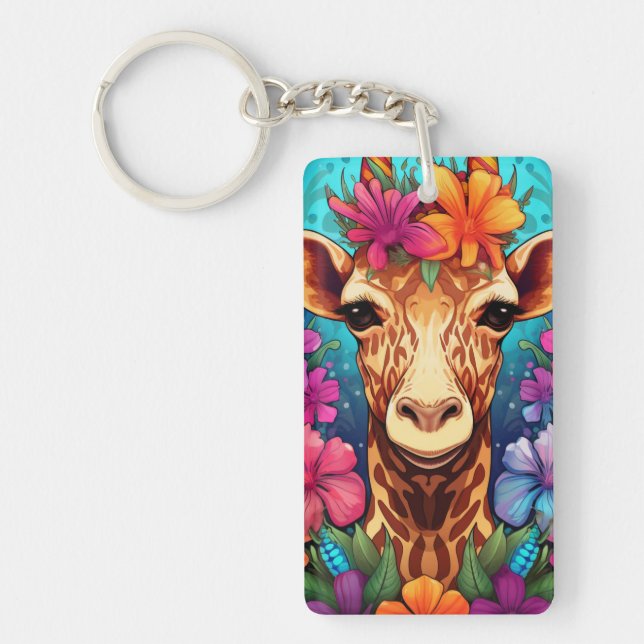 Floral Giraffe Portrait-9321 Keychain (Front)