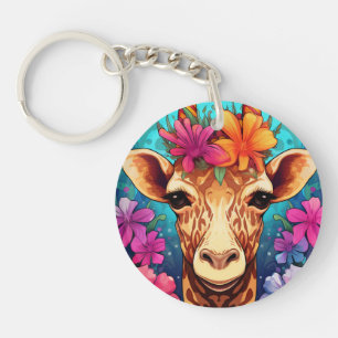 Floral Giraffe Portrait-9321 Keychain