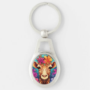 Floral Giraffe Portrait-9321 Keychain