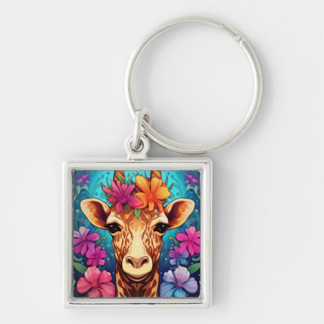 Floral Giraffe Portrait-9321 Keychain (Front)