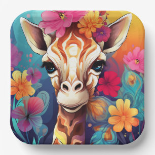 Floral Giraffe Portrait-9321 Paper Plate