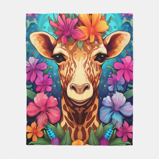Floral Giraffe Portrait-9322 Fleece Blanket (Front)
