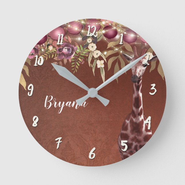 Floral Giraffe Rustic Brown Chic Personalized Round Clock (Front)