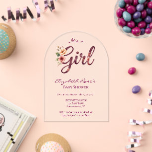 Floral Girl Baby Shower Burgundy Acrylic Invitations