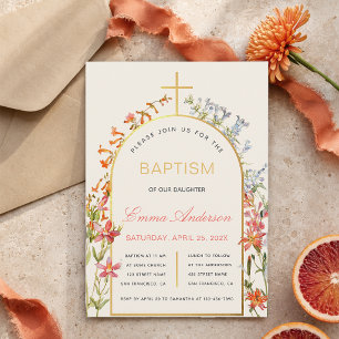 Floral Girl Baptism Gold Cross Arch & Wildflowers Invitation
