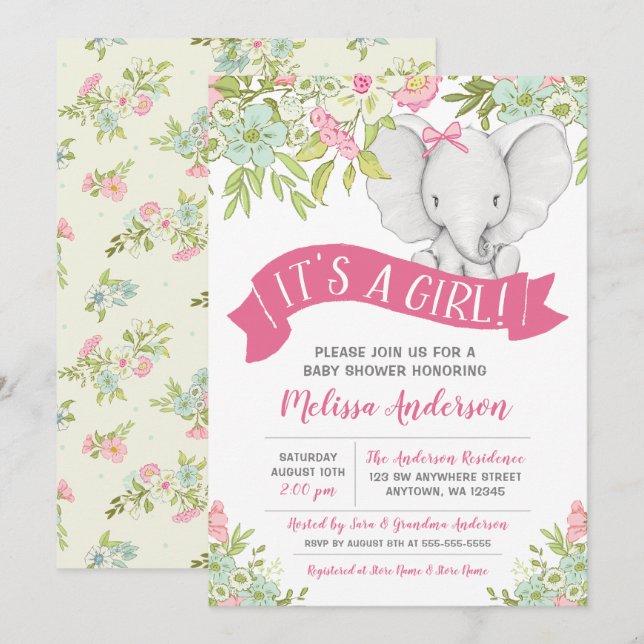 Floral Girl Elephant Baby Shower Invitations (Devant / Derrière)
