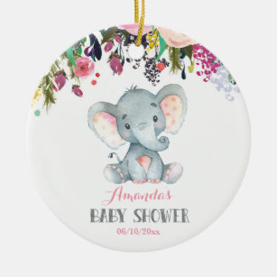 Floral Girl Elephant Baby Shower Pink and Grey Ceramic Ornament