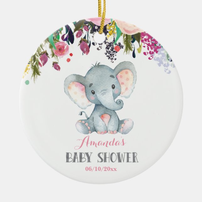 Floral Girl Elephant Baby Shower Pink and Grey Ceramic Ornament (Front)