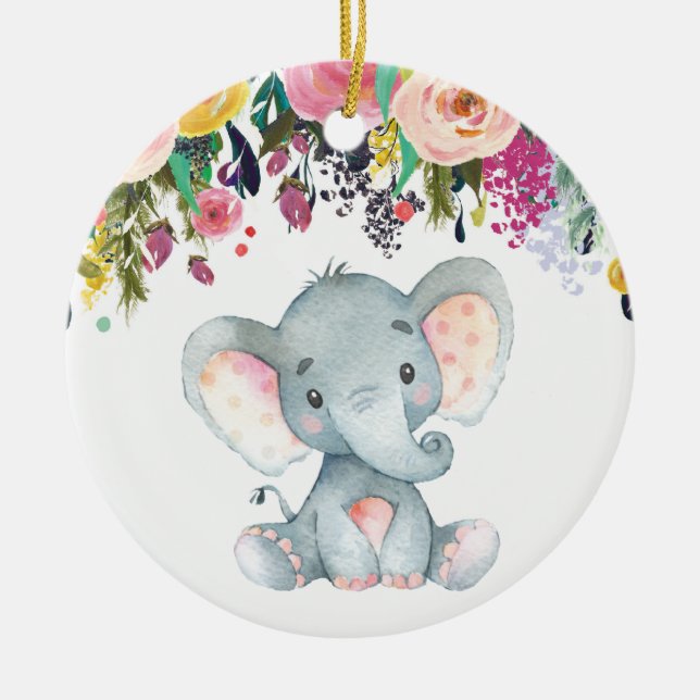 Floral Girl Elephant Baby Shower Pink and Grey Ceramic Ornament (Front)