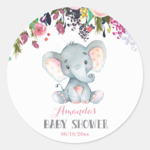 Floral Girl Elephant Baby Shower Pink and Grey Classic Round Sticker