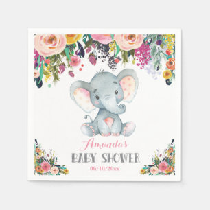 Floral Girl Elephant Baby Shower Pink Napkins