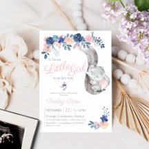 Floral Girl Elephant Navy Blush Baby Shower