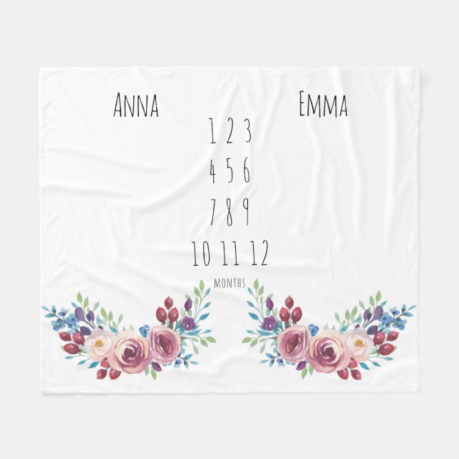 Floral Girls Twin Milestone  Fleece Blanket (Front (Horizontal))