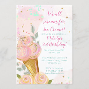 Floral Girly Ice Cream Watercolor Birthday Party Invitation