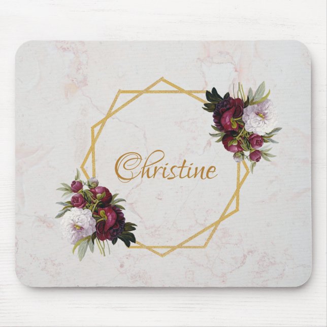 Floral Girly Marble Gold Burgundy Red Peonies Name Mouse Pad (Front)