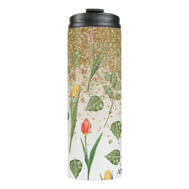 *~* Floral Girly Yellow Pink TULIPS Gold Glitter Thermal Tumbler (Front)