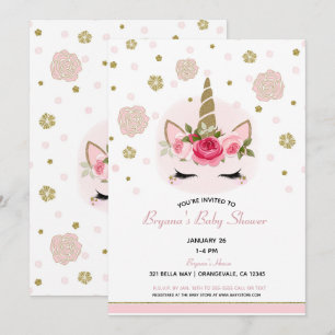 Floral Glam Gold Glitter Unicorn Baby Shower Invitation