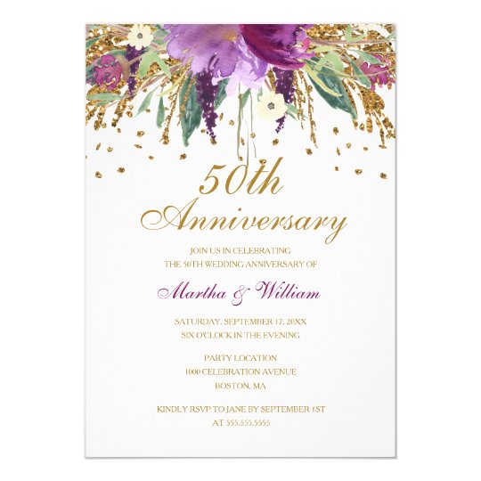 Floral Glitter Amethyst 50th Wedding Anniversary Card