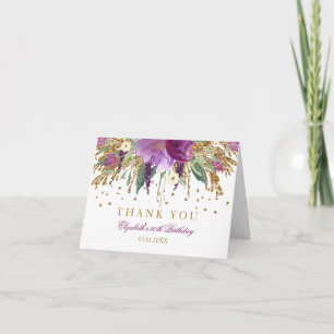 Floral Glitter Amethyst 90th Birthday Thank You Card